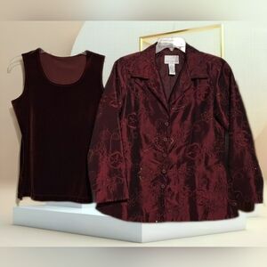SET: Maroon satin jacket, embroidery, spangles plus a velvet sleeveless top, S